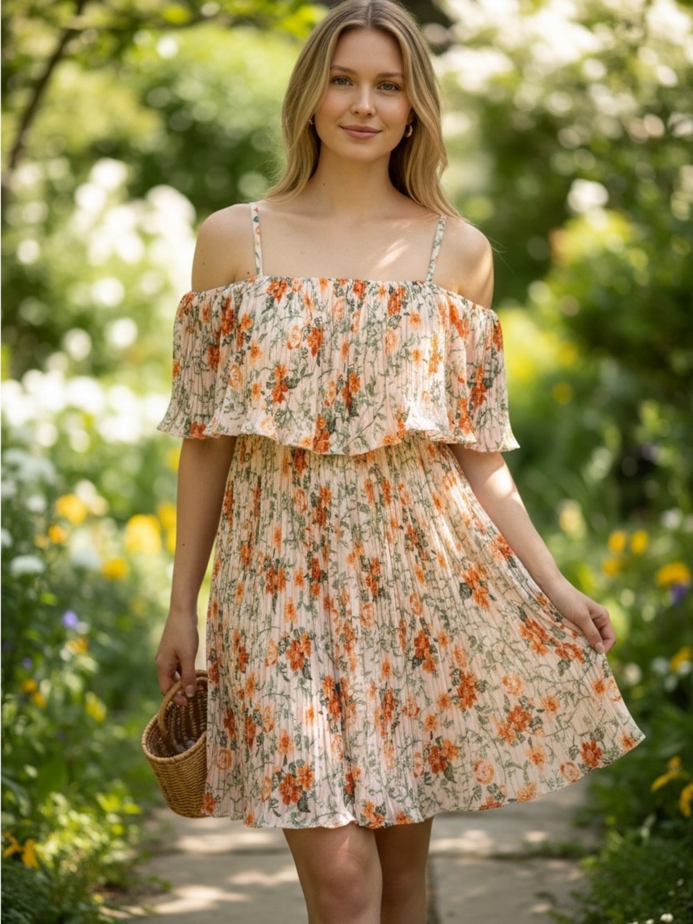 Floral Off-Shoulder romper sundress  in Cream and Orange- new without tags